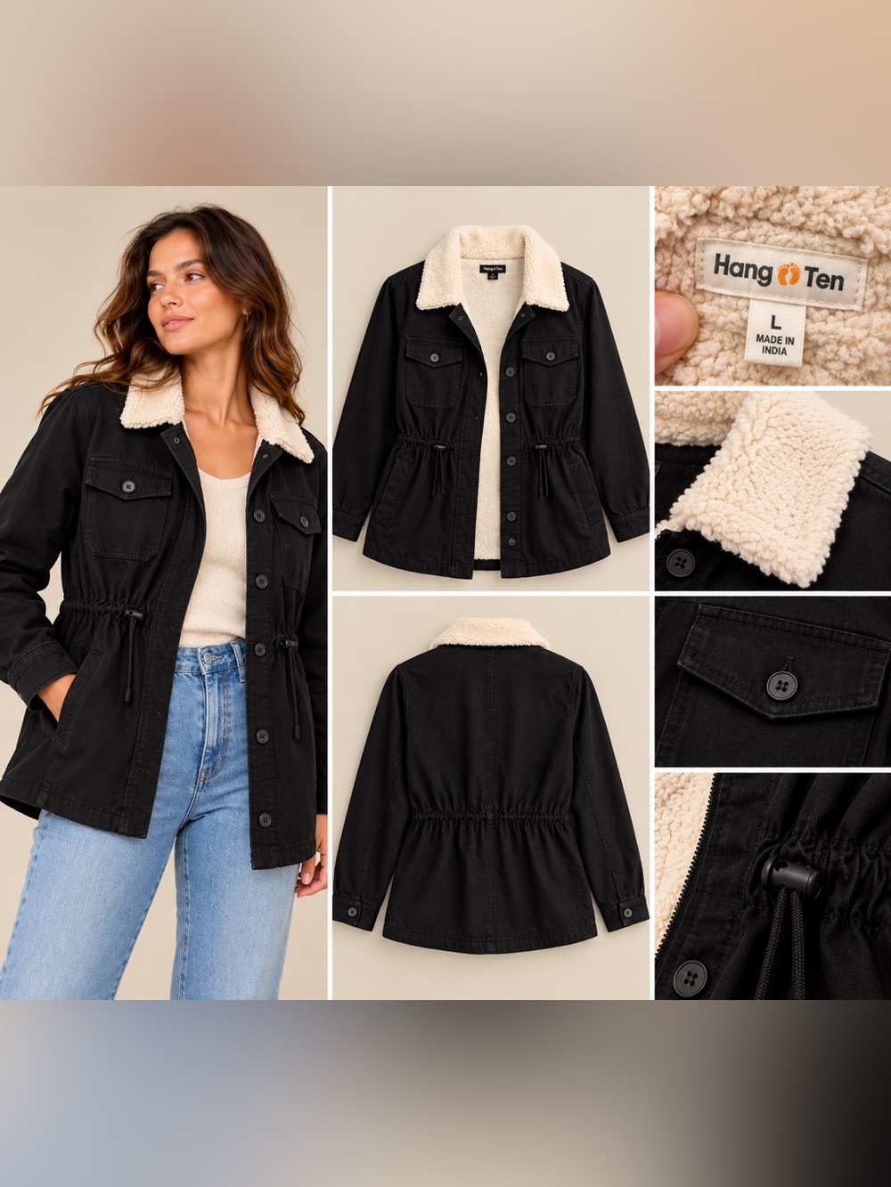 Hang Ten Black Utility Jacket with Cream Sherpa Collar